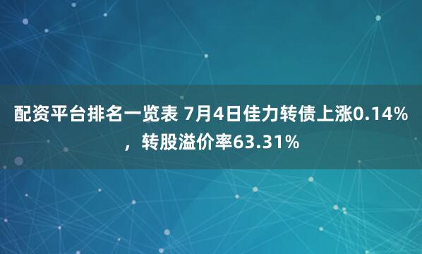 配资平台排名一览表 7月4日佳力转债上涨0.14%，转股溢价率63.31%